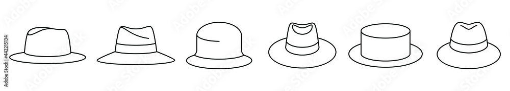 Classic panama hat icon. Set of vintage panama hat icons. Vector illustration. Panama hat vector icons. Black linear hat icons - obrazy, fototapety, plakaty 