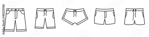 Swimming trunks icon. Set of linear shorts icon. Vector illustration. Swimming trunks vector icons. Black linear shorts icons