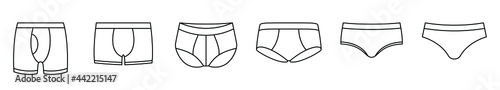 Underpants icon. Set of linear men's underwear icons. Vector illustration. Men's underpants vector icons. Black linear underwear icons