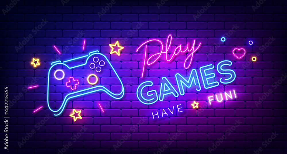 Play Games have fun neon sign with game pad, bright signboard, light banner. Game logo neon, emblem. Vector illustration - obrazy, fototapety, plakaty 