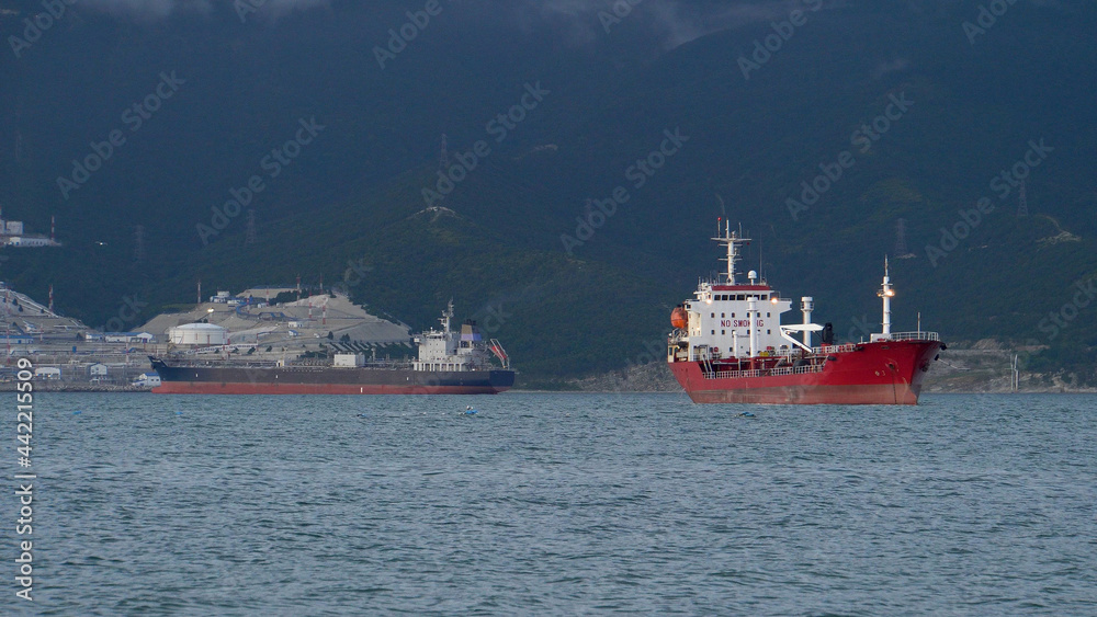 Two cargo ships in the sea bay. Night time. Against the background of the shore. Water waves. Sea port. Two cargo ships in the sea bay. Night time. Against the background of the shore. Water waves. Sea port.