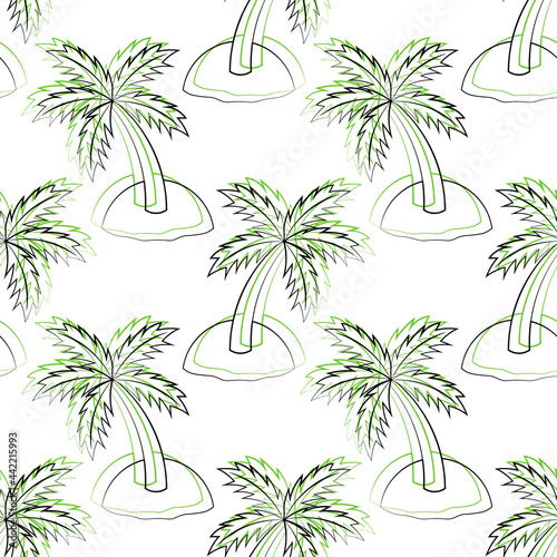 Seamless vector pattern with outline green Island with palm tree