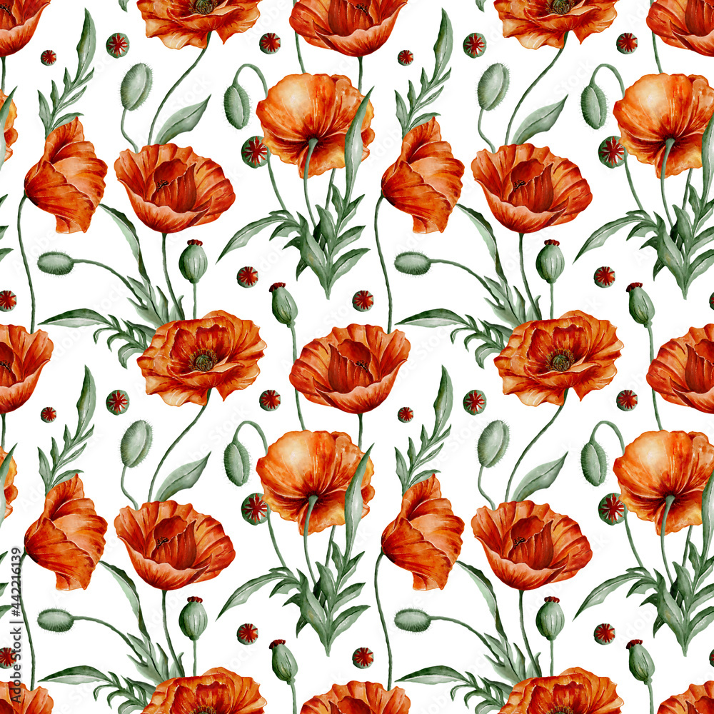 Digital watercolour seamless pattern with scarlet wild poppies flowers, buds, seed pods and green leaves on the white background. Colourful endless pattern for textile or wrapping paper.