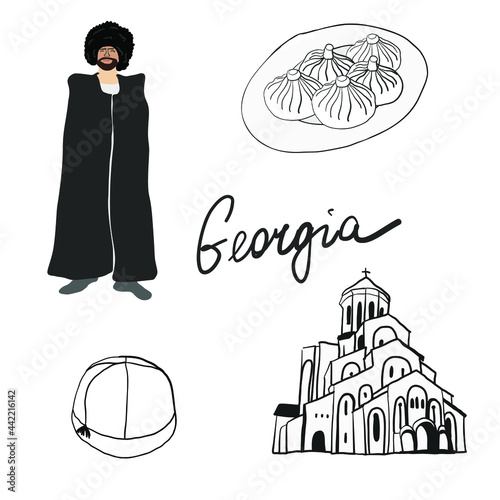 Georgian traditional symbols and sights set collection with food architecture government symbols and traditional culture.sketch bottle, qvevri and a glass of wine. hand drawn rillustration of wine