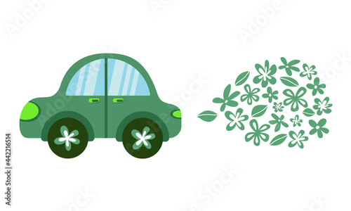 Retro car with flowers and leaves instead exhaust gases. International Biodiesel Day. Conservation natural resources concept, protect ecology, nature