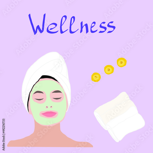 Relaxed Woman with facial mask in towel on her head. Concept of relaxation in SPA salon. Vector colorful illustration with hand drawn text