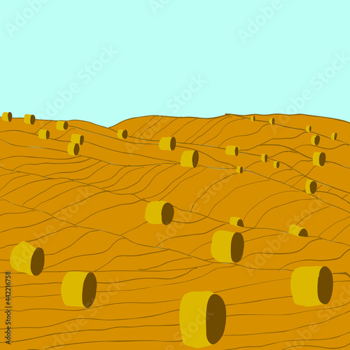 Vector illustration of countryside in August yellow haystack and blue sky. Rural landscape with hay bales on agriculture farm field. Farmland with round wheat straw rolls, yellow haystacks and barns