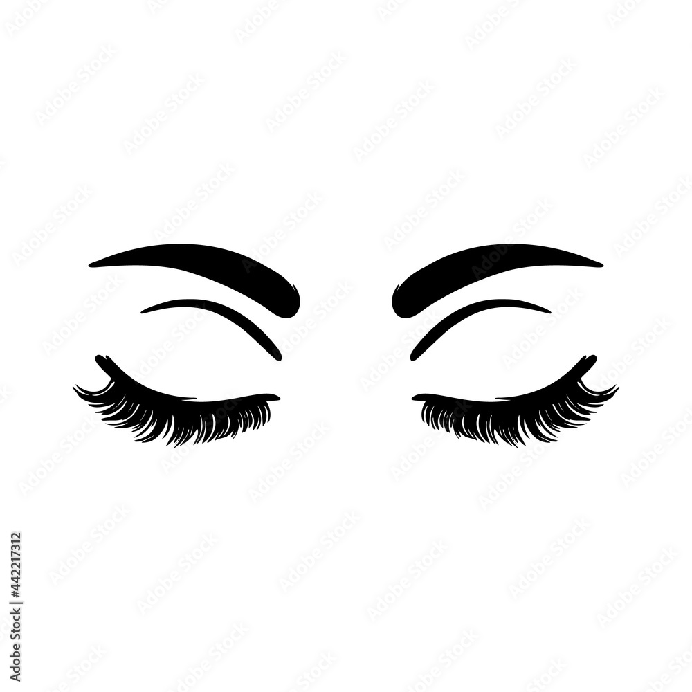 Closed female eyes, eyelashes, and eyebrows. Long beautiful eyelashes on isolated white background. Makeup, mascara, fashion. Vector illustration. For the logo of a beauty salon, lash extensions maker Closed female eyes, eyelashes, and eyebrows. Long beautiful eyelashes on isolated white background. Makeup, mascara, fashion. Vector illustration. For the logo of a beauty salon, lash extensions maker