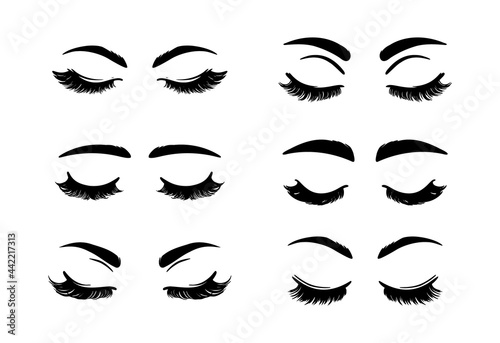 Set of closed female eyes, eyelashes, and eyebrows. Different long beautiful eyelashes on isolated white background. Makeup, mascara. Vector. For the logo of a beauty salon, lash extensions maker