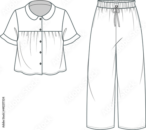Sleepwear Pajama technical fashion illustration. Flat front and back, white color. 
