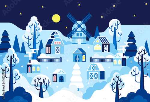 Small village, night landscape, vector cartoon illustration in flat stile