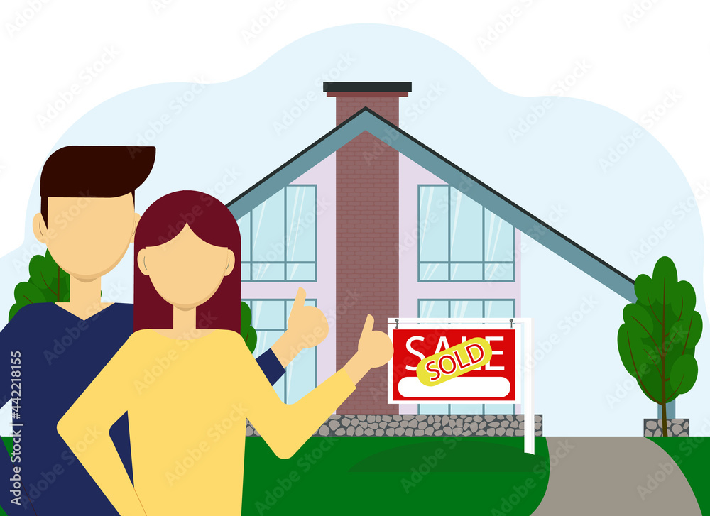 Real estate purchase illustration. A couple of man and woman on the background of a large house with a sold billboard. Real estate purchase illustration. A couple of man and woman on the background of a large house with a sold billboard.