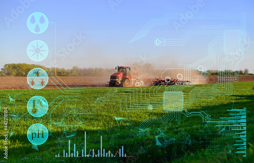 the concept of processing the cultivation of an agricultural field with automated machinery with a tractor based on artificial intelligence. photo