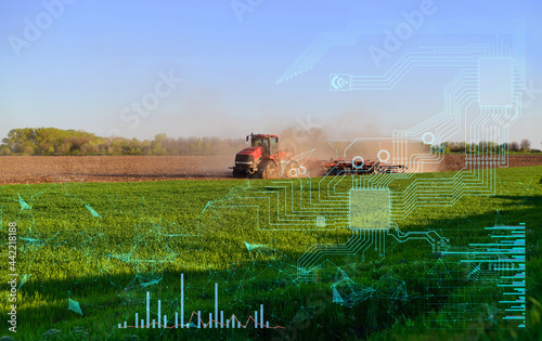 the concept of processing the cultivation of an agricultural field with automated machinery with a tractor based on artificial intelligence.  photo