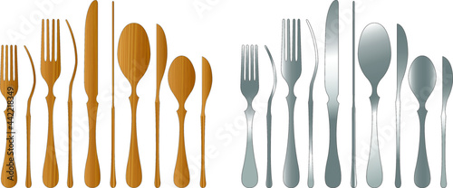 Set of fork, knife and spoon isolated on white background. wooden and stainless steel. vector illustration. photo