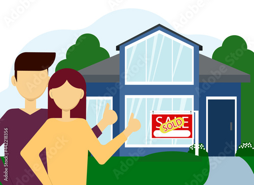 Real estate purchase illustration. A couple of man and woman on the background of a large house with a sold billboard.