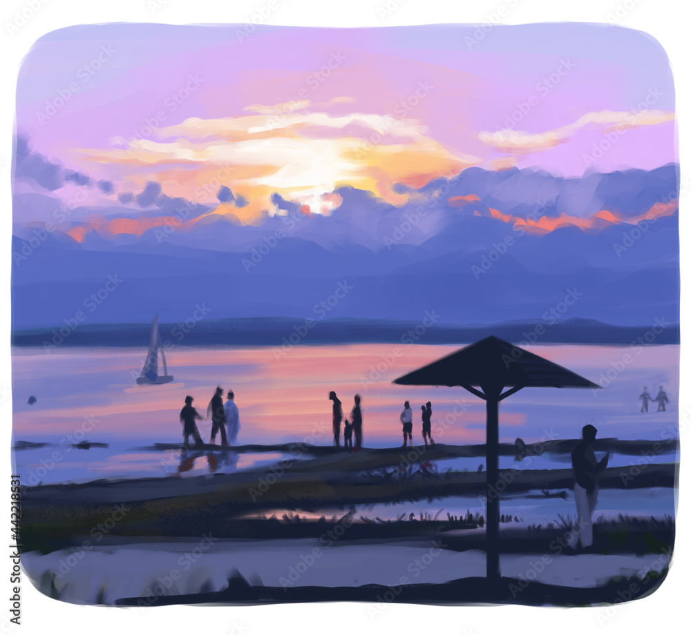 Obraz premium Colorful raster landscape of lake Svityaz. People walking on evening beach. Digital drawing of beautiful sunset nature. Artistic illustration in oil painting style for postcard, print, sticker, decor.
