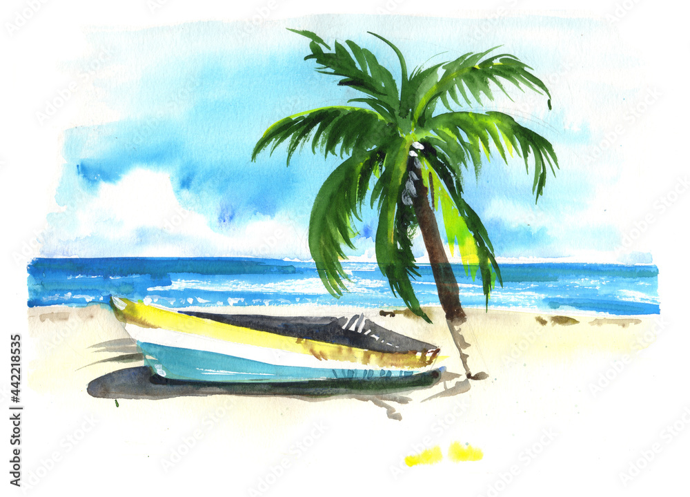 Watercolor hand painted tropical ocean beach landscape - summer vacation - wallpaper, posters or background design Watercolor hand painted tropical ocean beach landscape - summer vacation - wallpaper, posters or background design