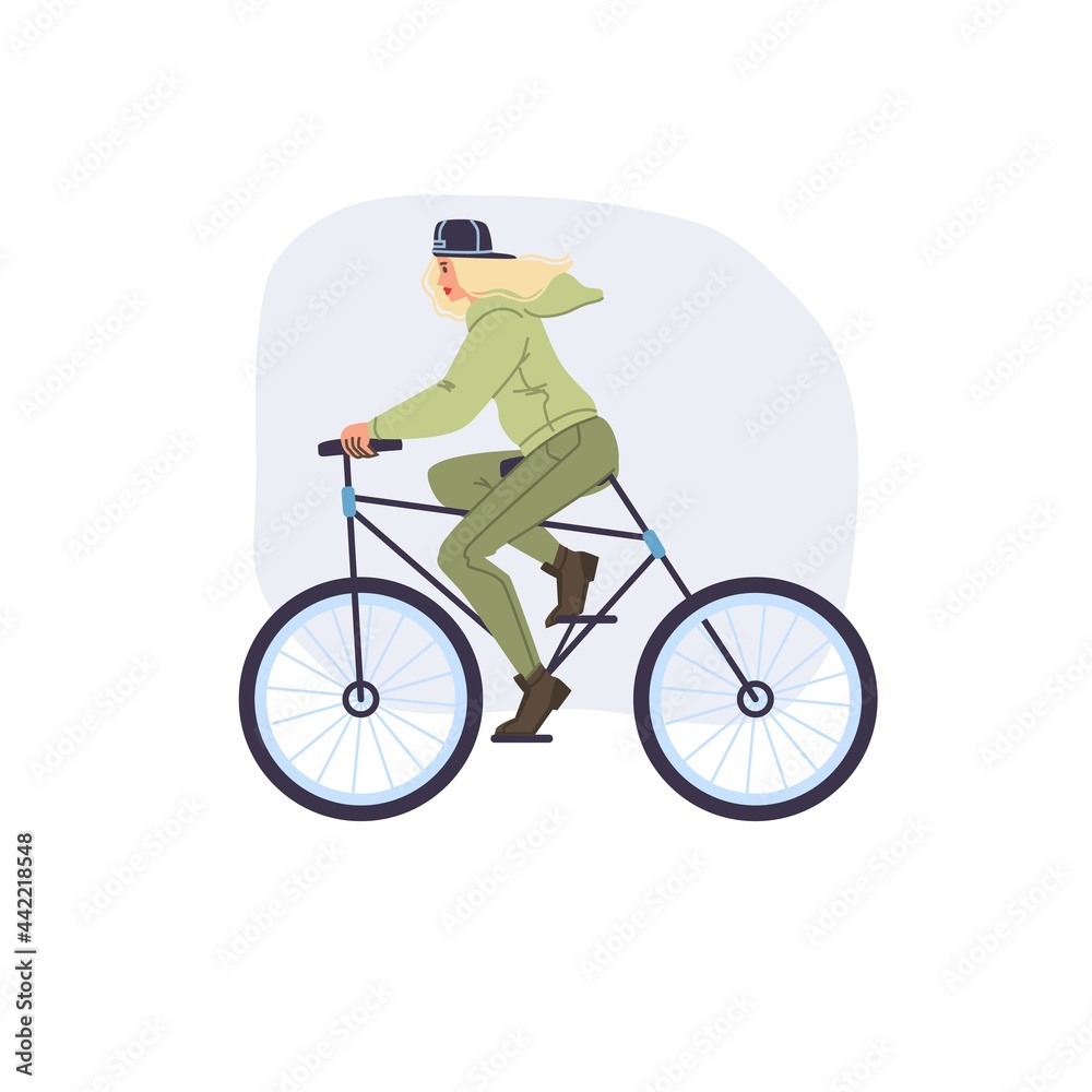 Fototapeta premium Vector flat cartoon girl character in autumn season outdoor riding bike - fashion,emotions,healthy lifestyle social concept