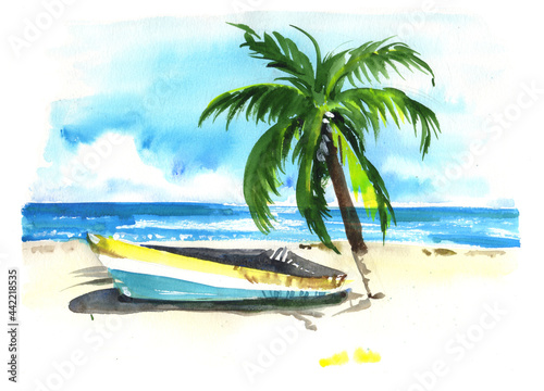 Fototapeta Naklejka Na Ścianę i Meble -  Watercolor hand painted tropical ocean beach landscape - summer vacation - wallpaper, posters or background design