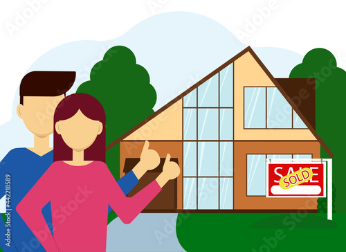 Real estate purchase illustration. A couple of man and woman on the background of a large house with a sold billboard.