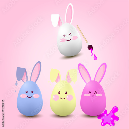 Funny Easter eggs-hares of blue, red,white color on a pink background with an inscription.Coloring of eggs for Easter.