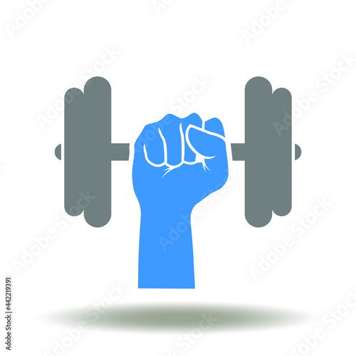 Hand hold dumbbell vector illustration. Weight lifting, bodybuilding, gym, fitness icon. Strength symbol.