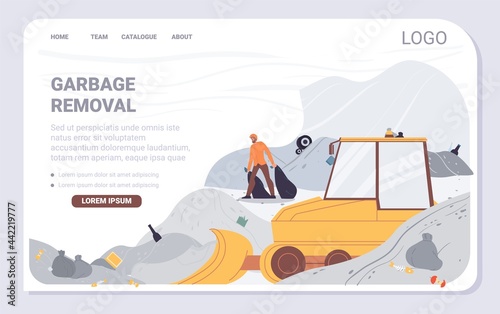 Vector cartoon flat industrial worker characters at garbage removal,landing page.Sanitation workers drive trash disposal machine,cleaning dump-recycling,energy,resource recovery,web banner concept
