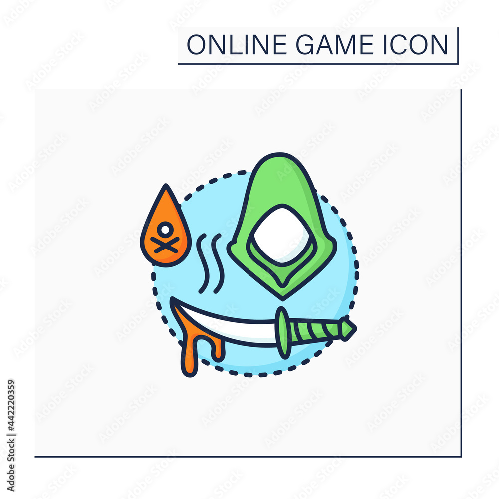 Stealth games color icon.Quietly moves, hides, kills enemies. Runs task. Mystery character. Online game concept. Isolated vector illustration Stealth games color icon.Quietly moves, hides, kills enemies. Runs task. Mystery character. Online game concept. Isolated vector illustration