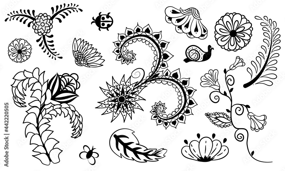 Hand drawn doodle flowers, leaves and insects. Black and white line art.
