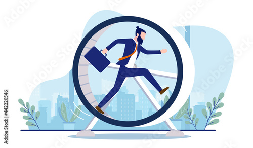 Dead end job - Businessman running in hamster wheel with briefcase.  Business and career stagnation concept. Vector illustration with white background.