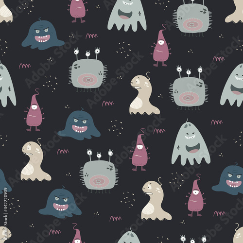 Seamless pattern with monsters in children's cartoon style. Vector illustration for printing on fabric, covers, decoration of children's rooms