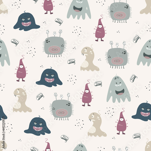 Seamless pattern with monsters in children's cartoon style. Vector illustration for printing on fabric, covers, decoration of children's rooms