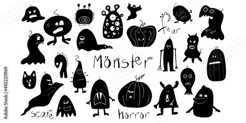 Set of black and white silhouettes of monsters. Vector illustration in cartoon style. For print, stickers
