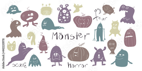 Set of monsters in cartoon doodle style. Vector illustration. For print, stickers