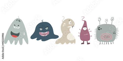 Set of multi-colored monsters in cartoon style. Vector illustration for print, stickers, baby decorations.