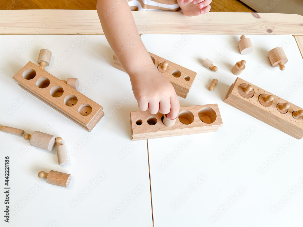 Sensor cylinder block. The child is playing. Educational wooden toy for teaching. Montessori materials. Fine motor skills, hand-eye coordination. Children's leisure, nursery. Training. Smart child. Sensor cylinder block. The child is playing. Educational wooden toy for teaching. Montessori materials. Fine motor skills, hand-eye coordination. Children's leisure, nursery. Training. Smart child.