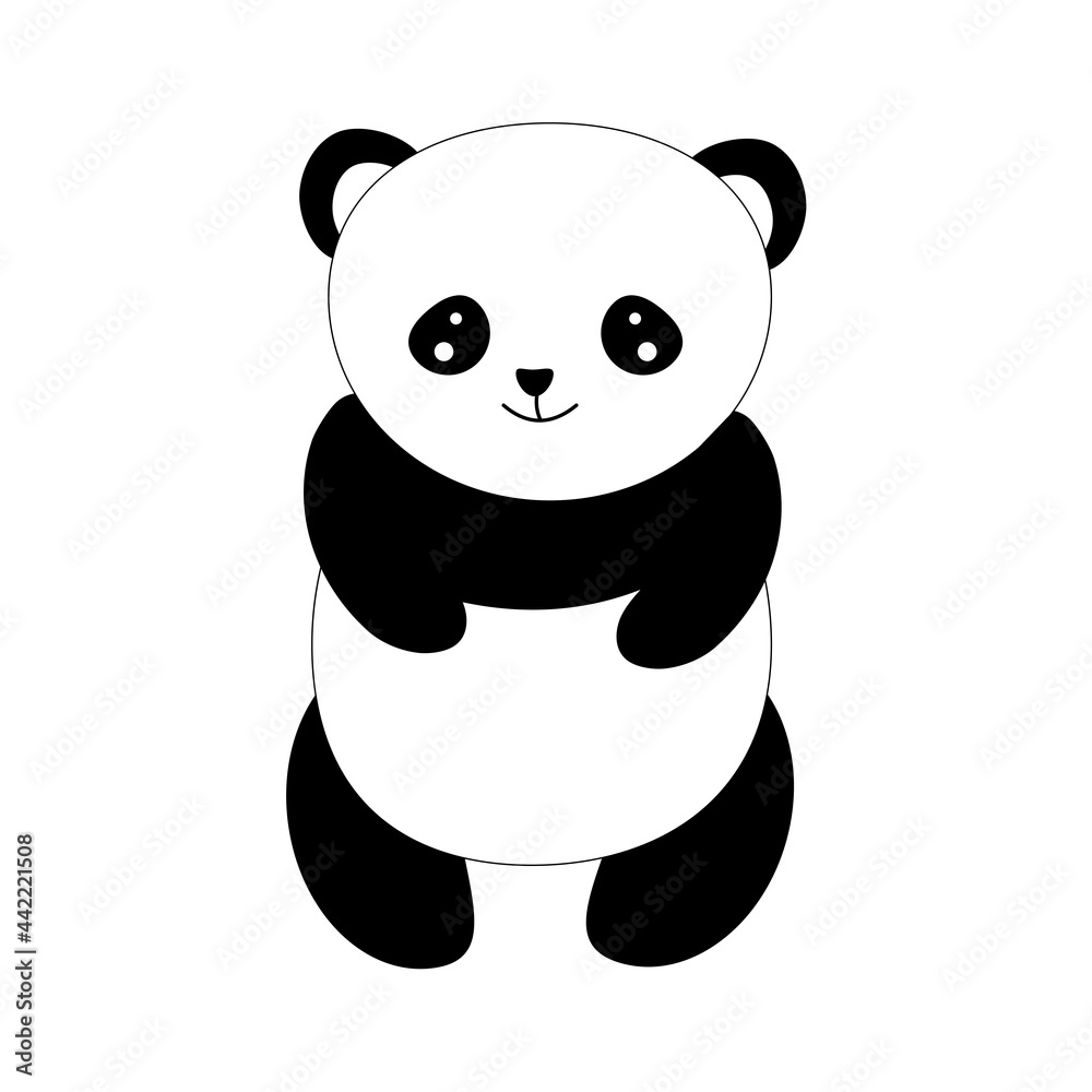 Naklejka premium Funny little panda. Flat vector of funny little panda . Cartoon character of cute bamboo bear. Graphic design for children print, sticker. Illustration of panda toy, bear animal black white.