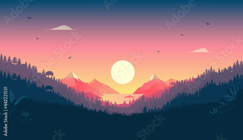 Beautiful vector landscape with sunrise -  Early morning in nature with colourful view to mountains, forest, sun and red sky.