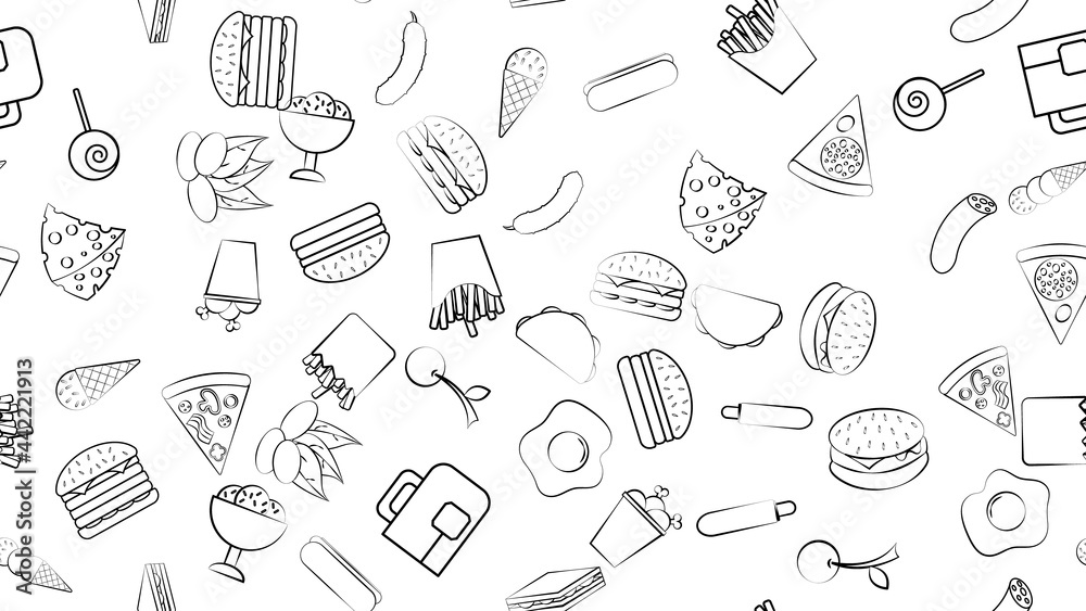 Black and white endless seamless pattern of food and snack items icons set for restaurant bar cafe: burger, nuts, egg, sausage, ice cream, pizza, burrito, candy, tea. The background Black and white endless seamless pattern of food and snack items icons set for restaurant bar cafe: burger, nuts, egg, sausage, ice cream, pizza, burrito, candy, tea. The background