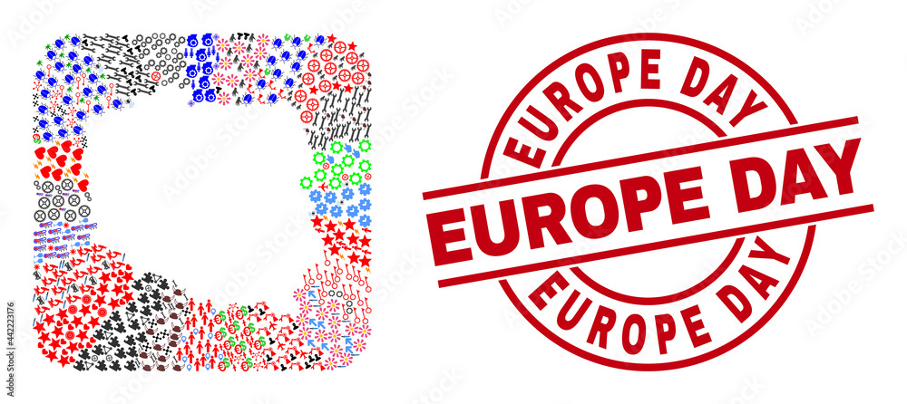Vector mosaic Poland map of different icons and Europe Day seal stamp. Mosaic Poland map created as subtraction from rounded square. Red round seal with Europe Day caption. Vector mosaic Poland map of different icons and Europe Day seal stamp. Mosaic Poland map created as subtraction from rounded square. Red round seal with Europe Day caption.