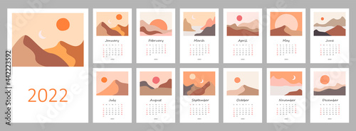 Calendar template for 2022. Vertical design with abstract natural boho landscapes. Editable illustration page template A4  A3  set of 12 months with cover. Vector mesh. Week starts on Sunday.