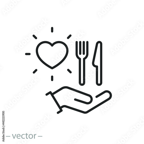 donate food icon, charity hand with meal, service charity volunteer,  share eat concept, need help poor, social aid collect and delivery, thin line symbol - editable stroke vector illustration eps10