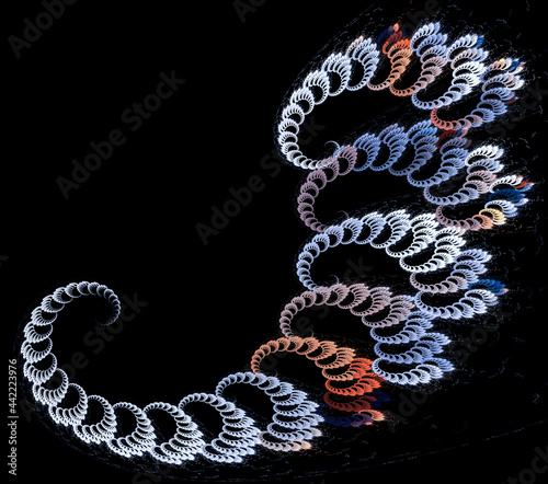 Small multicolored curls are arranged in rhythmic groups and form a large curl against a black background. Abstract fractal background. Graphic design element. 3d rendering. 3d illustration.