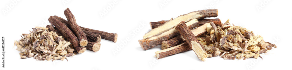 Set with dried sticks of liquorice root and shavings on white background. Banner design Set with dried sticks of liquorice root and shavings on white background. Banner design