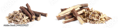Set with dried sticks of liquorice root and shavings on white background. Banner design