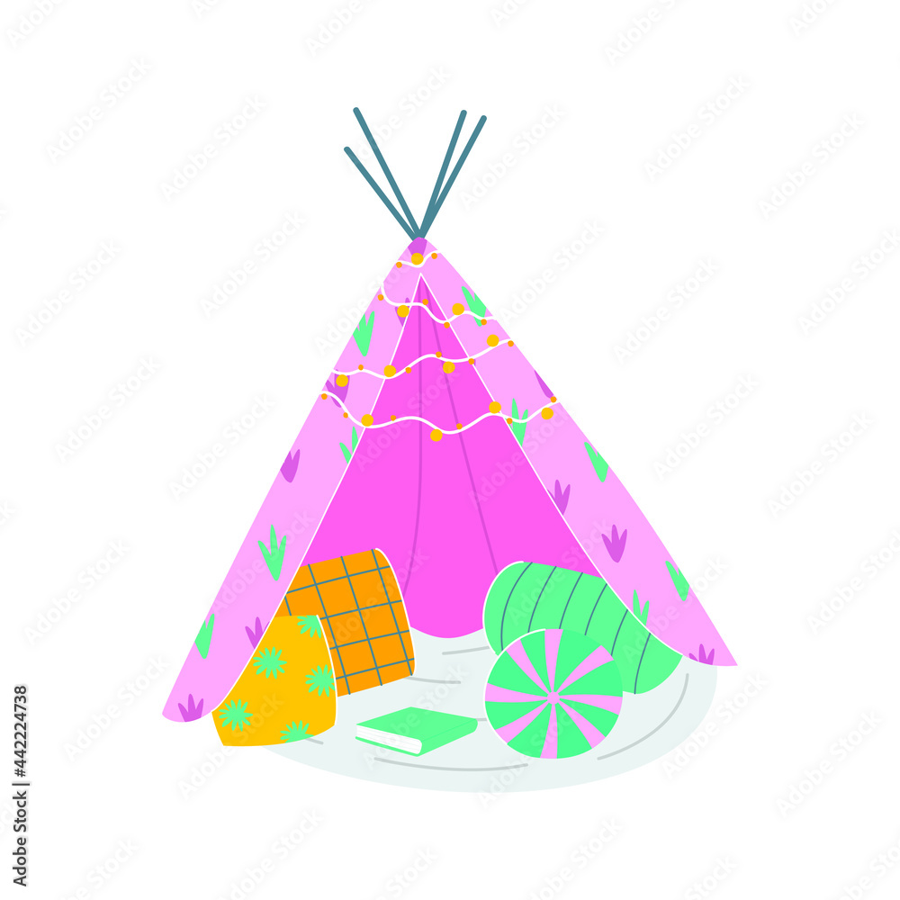 Flat vector cartoon illustration of a house or teepee made of a blanket with pillows and a book. A play area for adults and children. Blanket fortress. Flat vector cartoon illustration of a house or teepee made of a blanket with pillows and a book. A play area for adults and children. Blanket fortress.