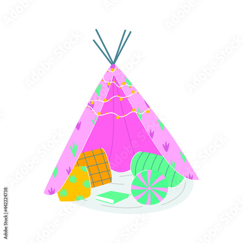 Flat vector cartoon illustration of a house or teepee made of a blanket with pillows and a book. A play area for adults and children. Blanket fortress.