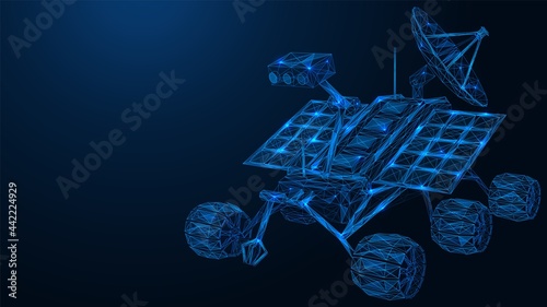 The robot mars rover. An automatic self-propelled vehicle for exploring the extraterrestrial surface and transmitting data to a space research station. Polygonal construction. Blue background.