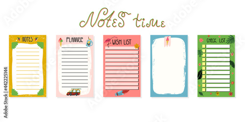 Notes, planner, wish list, check list paper set with cute summer decoration and hand lettering. Cartoon vector.